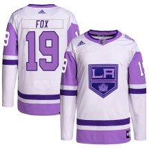 Men's Adidas Los Angeles Kings Jim Fox White/Purple Hockey Fights Cancer Primegreen Jersey - Authentic