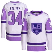 Men's Adidas Los Angeles Kings Arthur Kaliyev White/Purple Hockey Fights Cancer Primegreen Jersey - Authentic