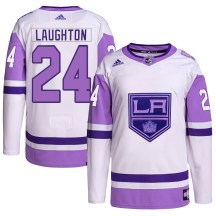 Men's Adidas Los Angeles Kings Scott Laughton White/Purple Hockey Fights Cancer Primegreen Jersey - Authentic Men's Adidas Los Angeles Kings Scott Laughton White/Purple Hockey Fights Cancer Primegreen Jersey - Authentic