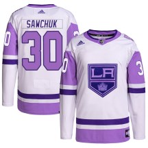 Men's Adidas Los Angeles Kings Terry Sawchuk White/Purple Hockey Fights Cancer Primegreen Jersey - Authentic