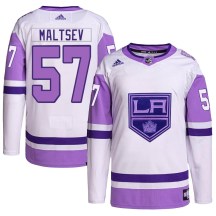 Men's Adidas Los Angeles Kings Mikhail Maltsev White/Purple Hockey Fights Cancer Primegreen Jersey - Authentic